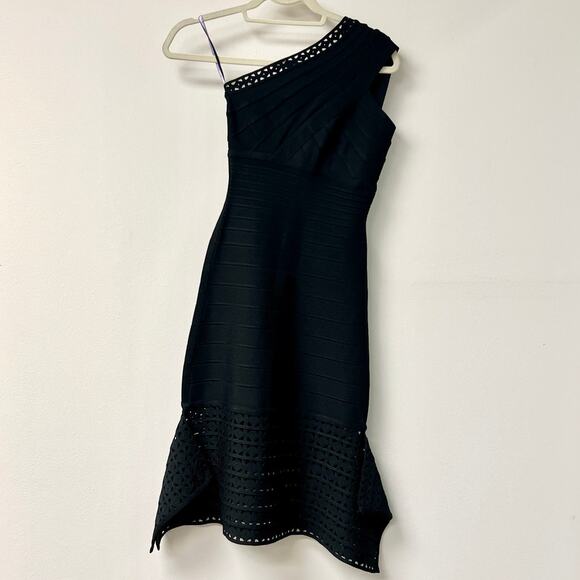 Herve Leger Sleeveless Asymmetric Knee Length Fishtail Dress Black Women's XS - Picture 2 of 6